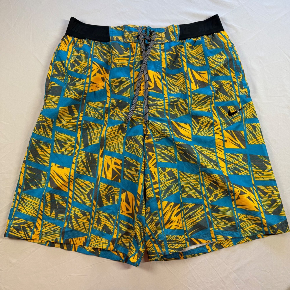 Nike Swim Shorts XL Blue Yellow Geometric Print Compression Liner Beach Surf